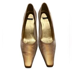 NWOT Stuart Weitzman Gold Pointed Square Toe Kitten Heels, size 9.5